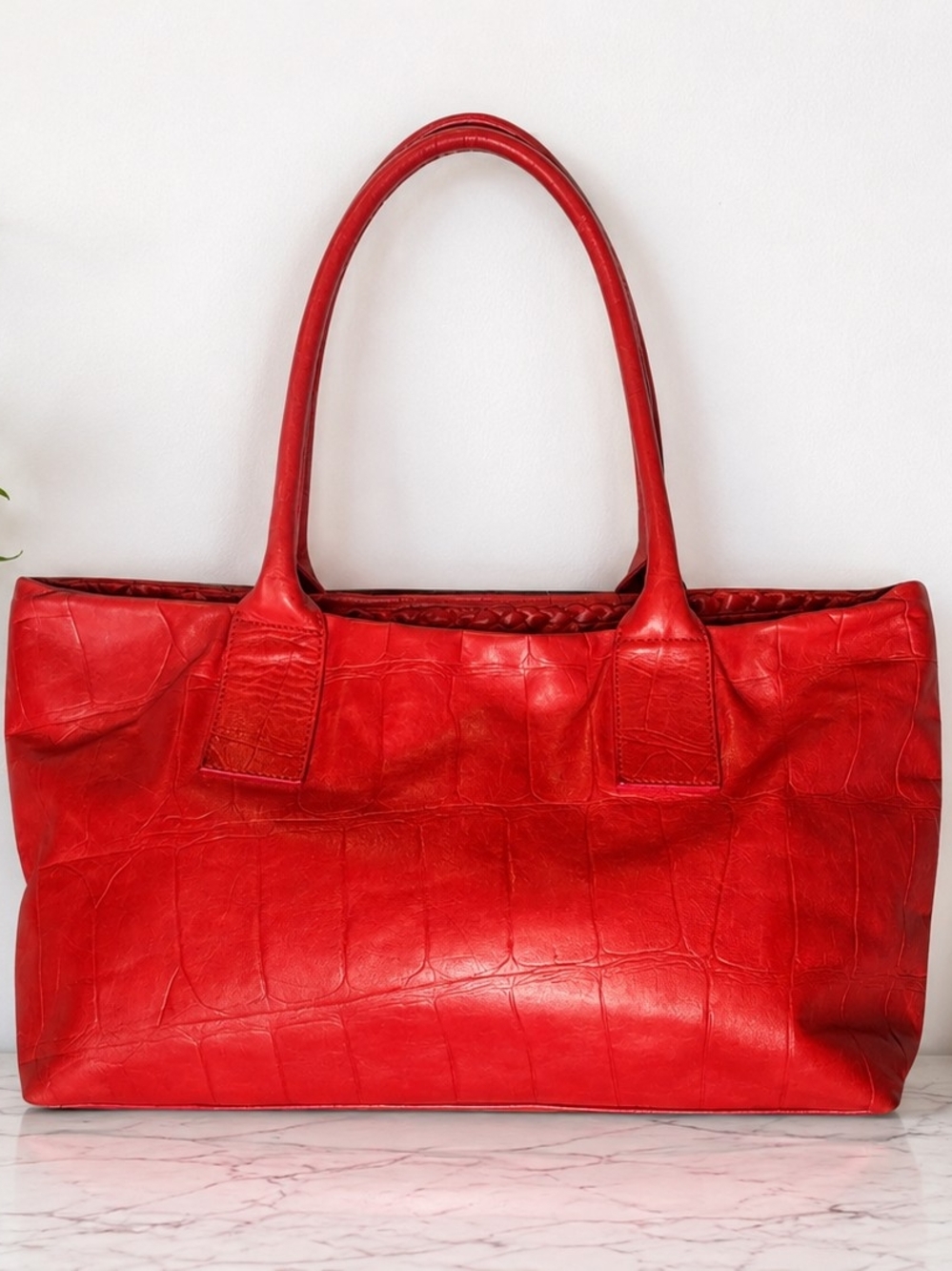 Falor Le Borse Genuine Leather Red Croc Embossed Tote Bag Made in Italy